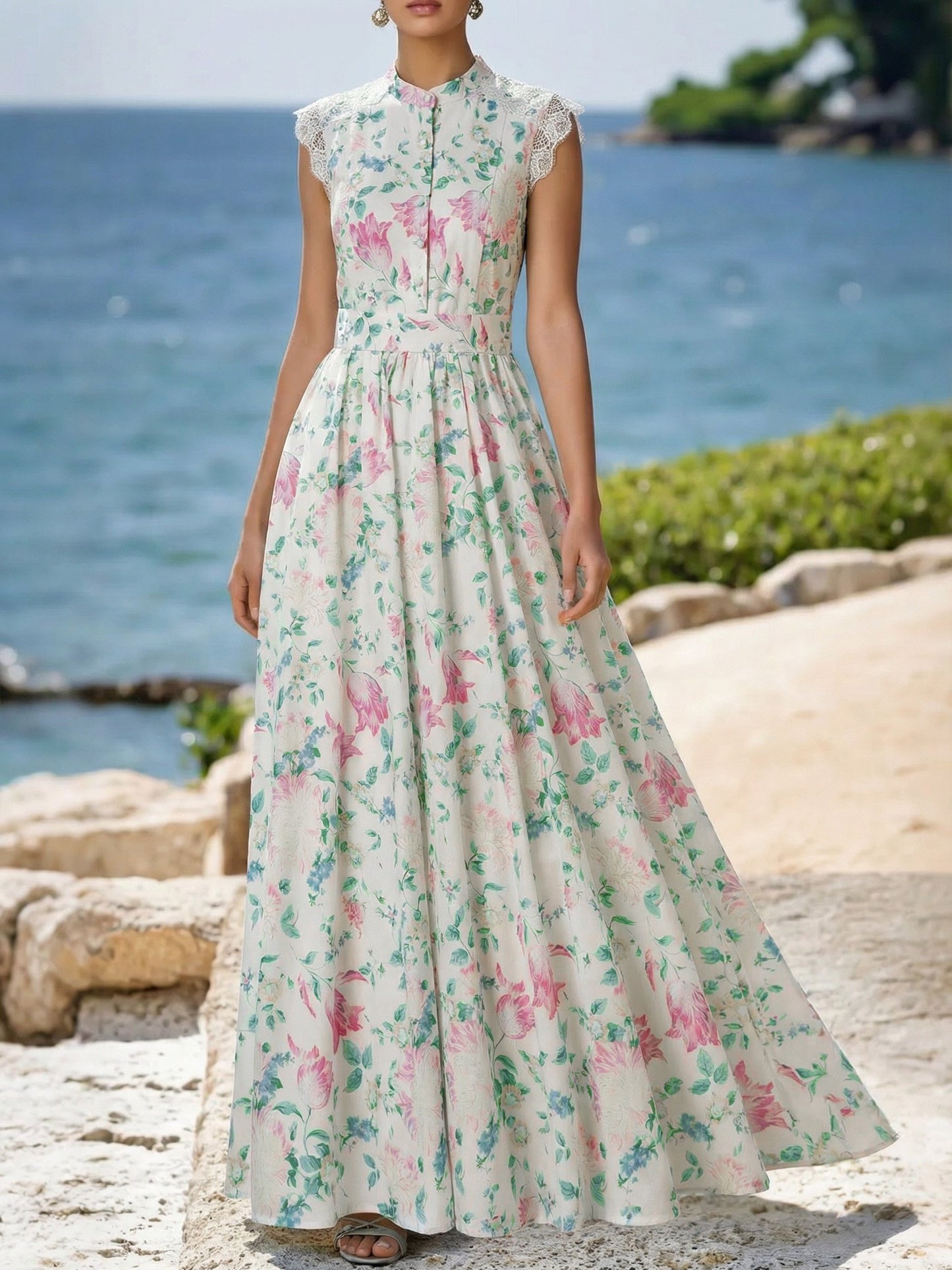 Robe longue en coton, sans manches, col en V, florale, en dentelle, vacances, vintage, abricot