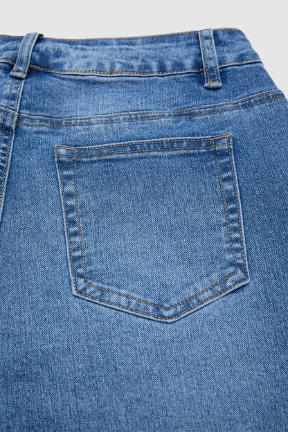 Wash Buckle Decor Roll Hem Mid Waist Denim Bermuda Shorts