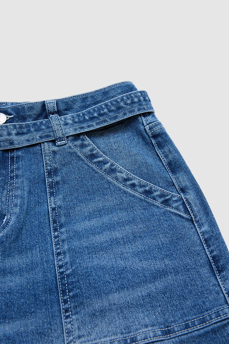Wash Tie Belt Stitch Detail Mid Waist Wide Leg Jeans