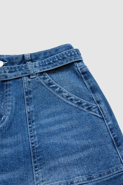 Wash Tie Belt Stitch Detail Mid Waist Wide Leg Jeans