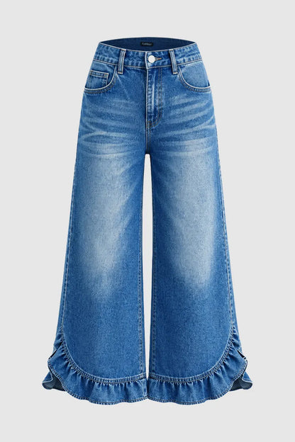 Wash Ruffle Hem Split Mid Waist Wide Leg Jeans