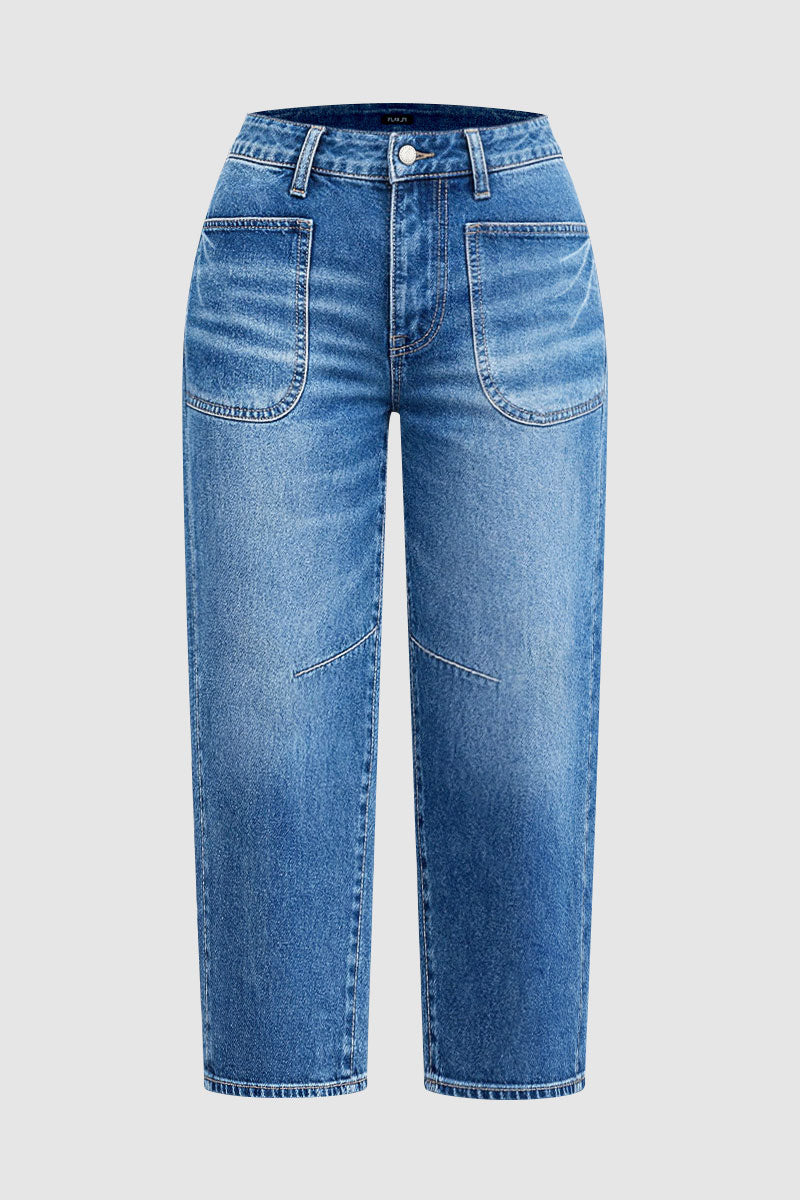 Wash Patched Pocket Mid Waist Straight Leg Crop Jeans Without Belt