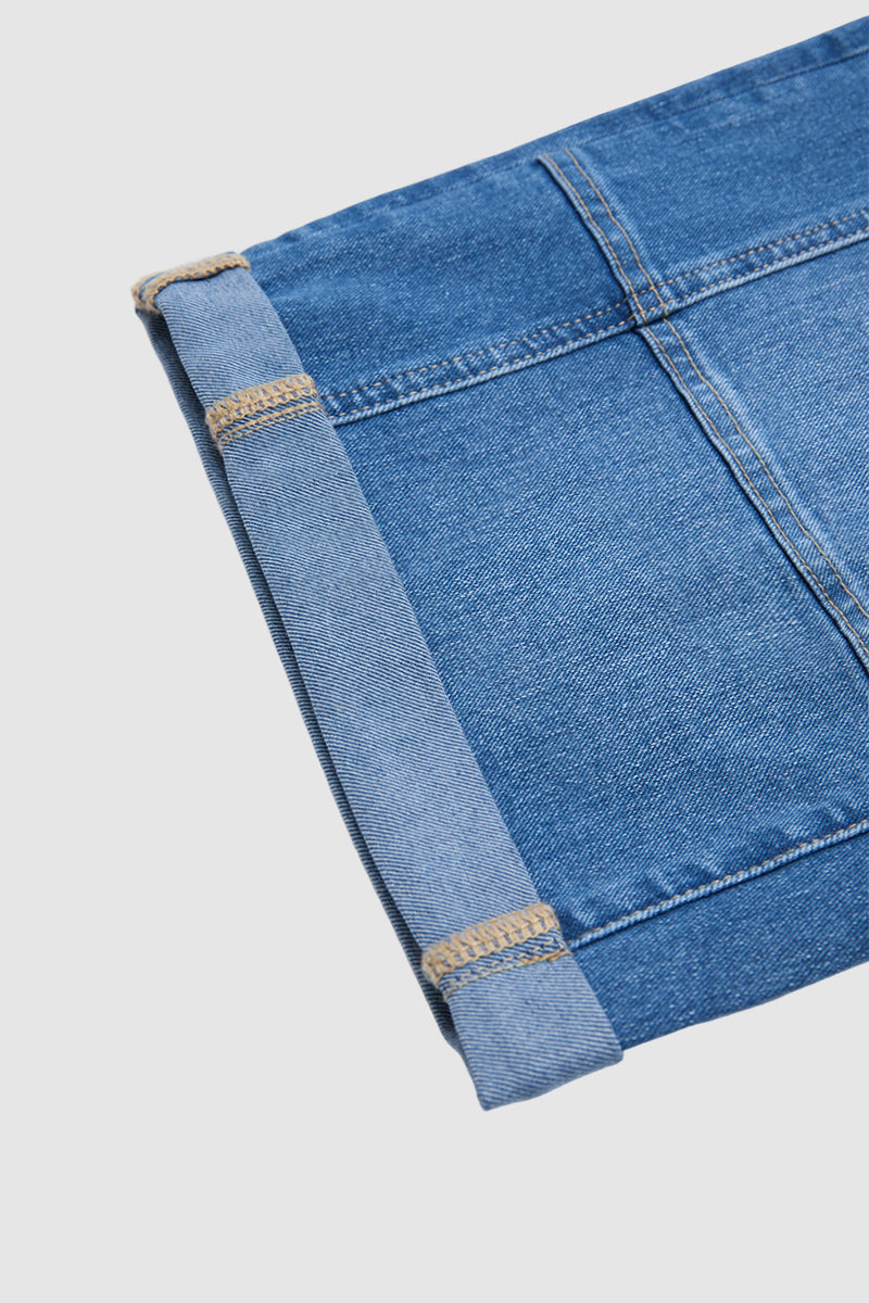 Wash Stitch Detail Roll Hem Drawstring Mid Rise Denim Bermuda Shorts