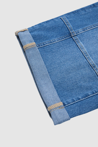 Wash Stitch Detail Roll Hem Drawstring Mid Rise Denim Bermuda Shorts