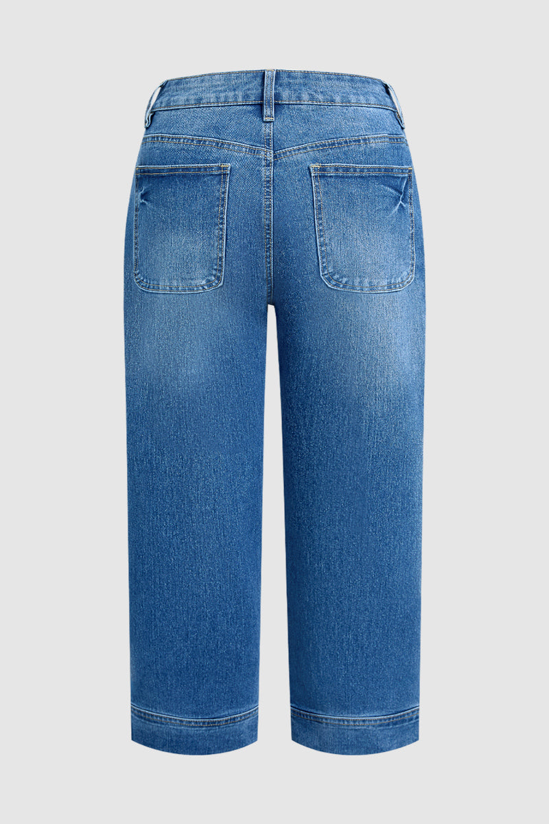 Wash Patch Pocket Split Hem High Rise Straight Leg Crop Jeans Without Belt