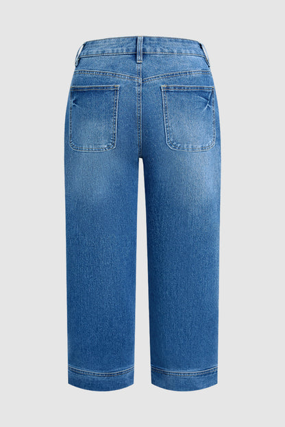 Wash Patch Pocket Split Hem High Rise Straight Leg Crop Jeans Without Belt