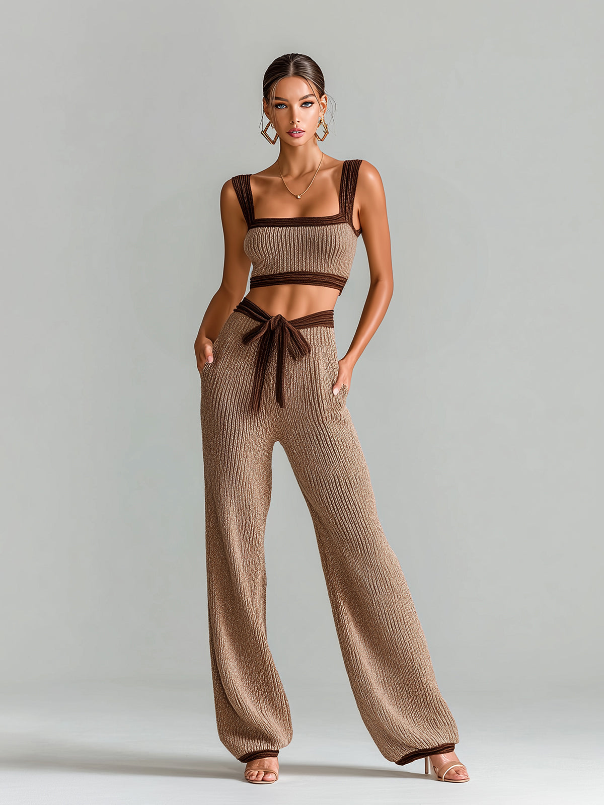 Chic Elegant Brown-Coffee Contrast Trim Slim-Fit Cropped Tank Top And Drawstring Waist Wide-Leg Pants Knit Two-Piece Set