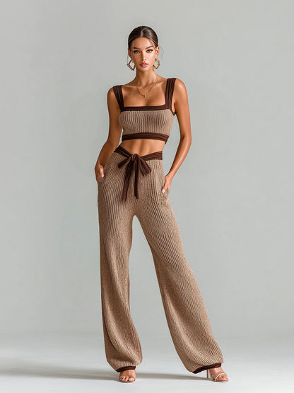 Chic Elegant Brown-Coffee Contrast Trim Slim-Fit Cropped Tank Top And Drawstring Waist Wide-Leg Pants Knit Two-Piece Set