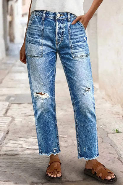 Raw Hem Ripped Mid Waist Straight Leg Crop Jeans
