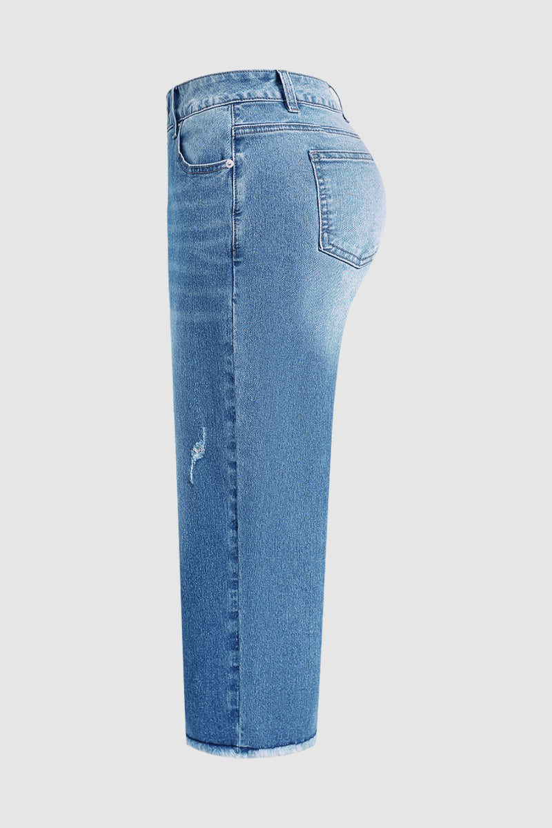 Raw Hem Ripped Button Fly Mid Waist Straight Leg Crop Jeans