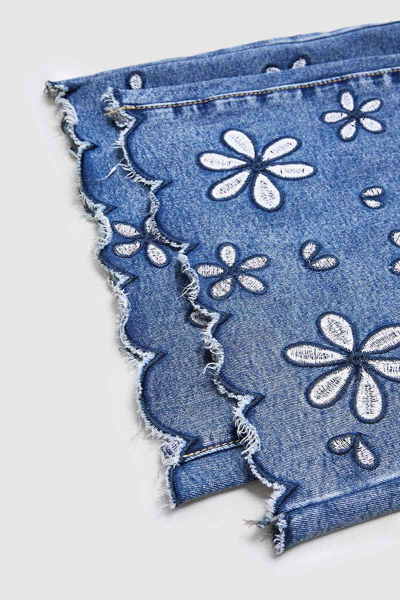 Floral Embroidery Scallop Trim Mid Rise Wide Leg Crop Jeans