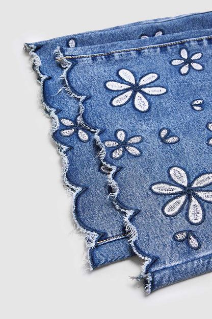Floral Embroidery Scallop Trim Mid Rise Wide Leg Crop Jeans