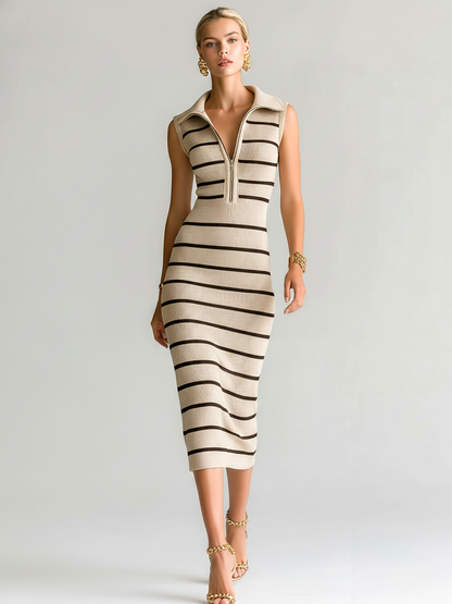 Stylish Elegant Beige Striped Lapel Collar Zipper-Front Sleeveless Slim-Fit Ribbed Knit Midi Dress
