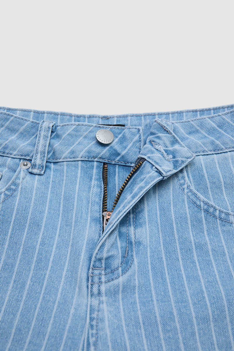 Striped Roll Hem Seam Front Mid Rise Straight Leg Crop Jeans Without Belt