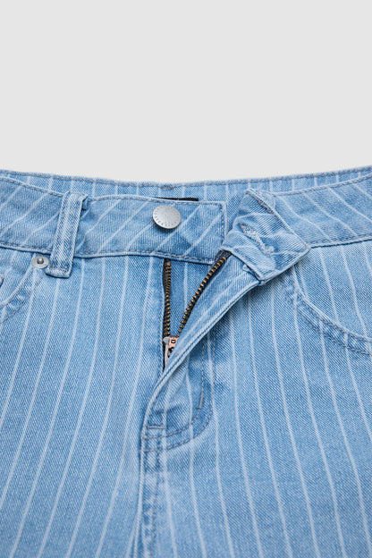Striped Roll Hem Seam Front Mid Rise Straight Leg Crop Jeans Without Belt