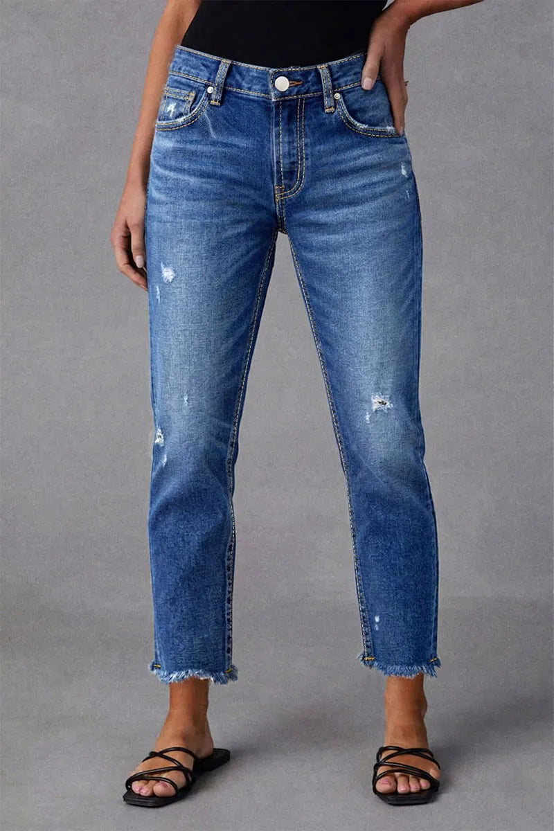 Raw Hem Ripped Mid Waist Straight Leg Crop Jeans