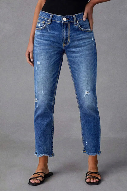 Raw Hem Ripped Mid Waist Straight Leg Crop Jeans