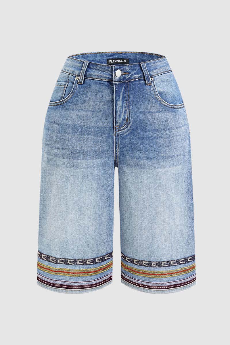 Embroidery Mid Waist Denim Bermuda Shorts Without Belt