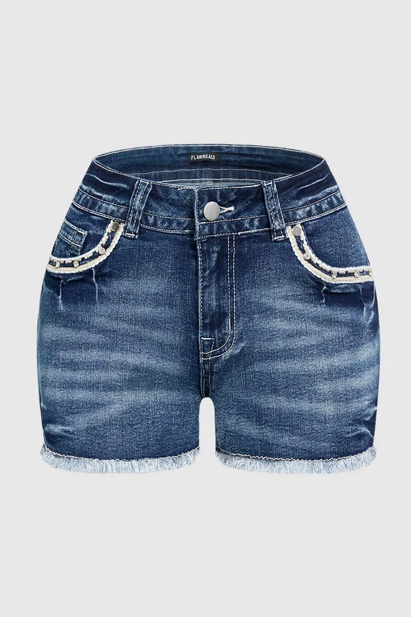 Bull & Floral Embroidered Raw Hem Mid Rise Denim Shorts