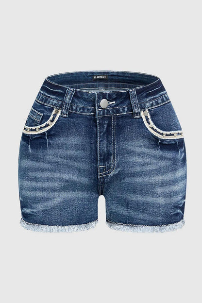 Bull & Floral Embroidered Raw Hem Mid Rise Denim Shorts