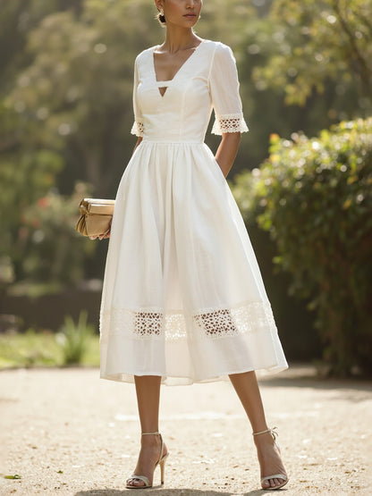 Robe Midi en Lin, Manches Courtes, Col V, Unie, Dentelle, Style Vintage Français, Blanche