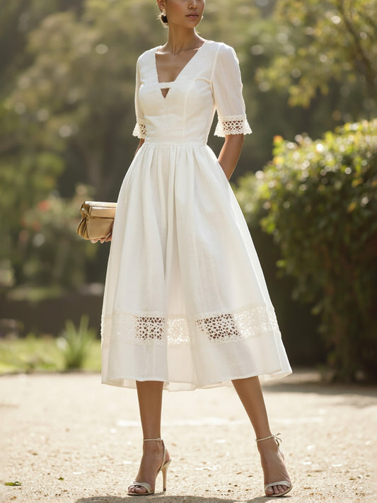 Robe Midi en Lin, Manches Courtes, Col V, Unie, Dentelle, Style Vintage Français, Blanche