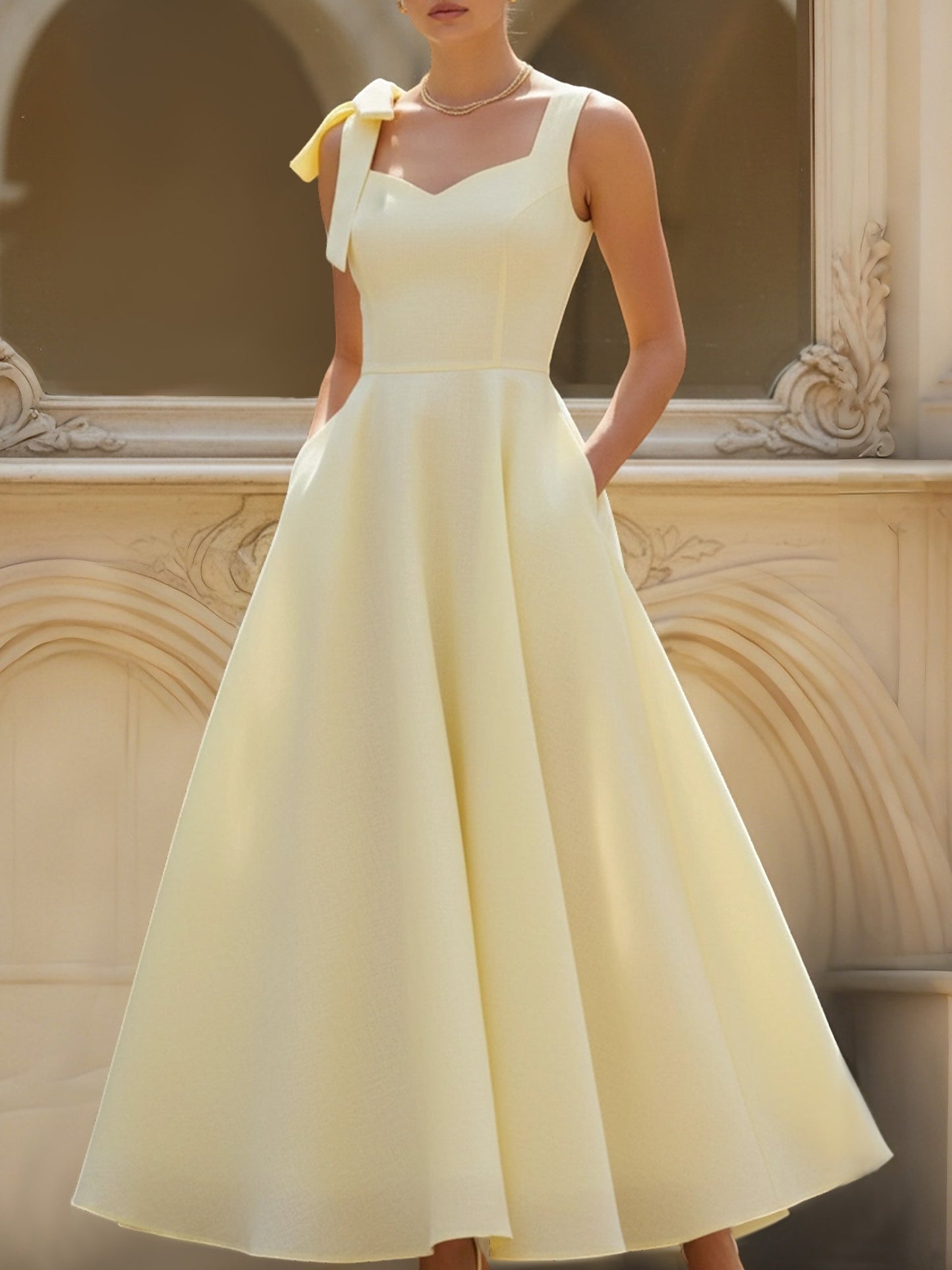 Robe Longue en Lin, Sans Manches, Col Carré, Unie, Nœud, Style Vintage Français, Jaune Clair