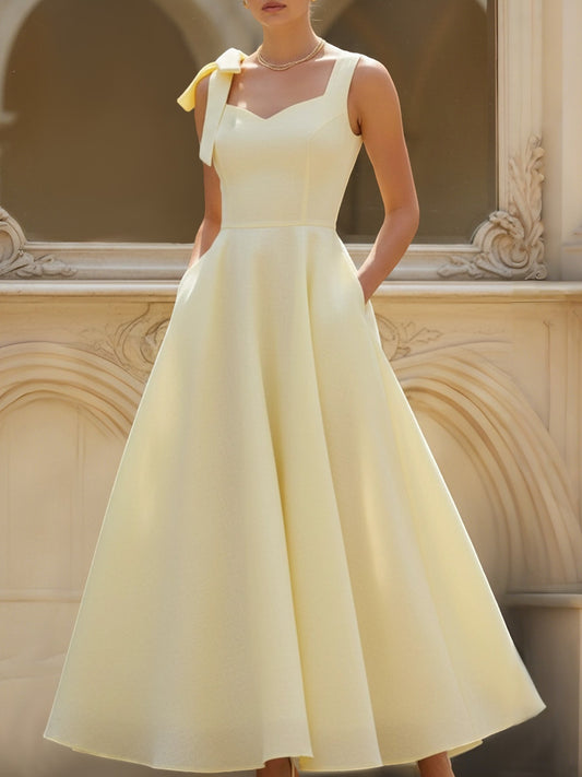 Robe Longue en Lin, Sans Manches, Col Carré, Unie, Nœud, Style Vintage Français, Jaune Clair