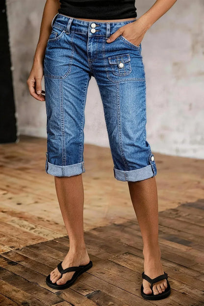Seam Front Roll Hem Patch Pocket Mid Rise Straight Leg Capri Jeans