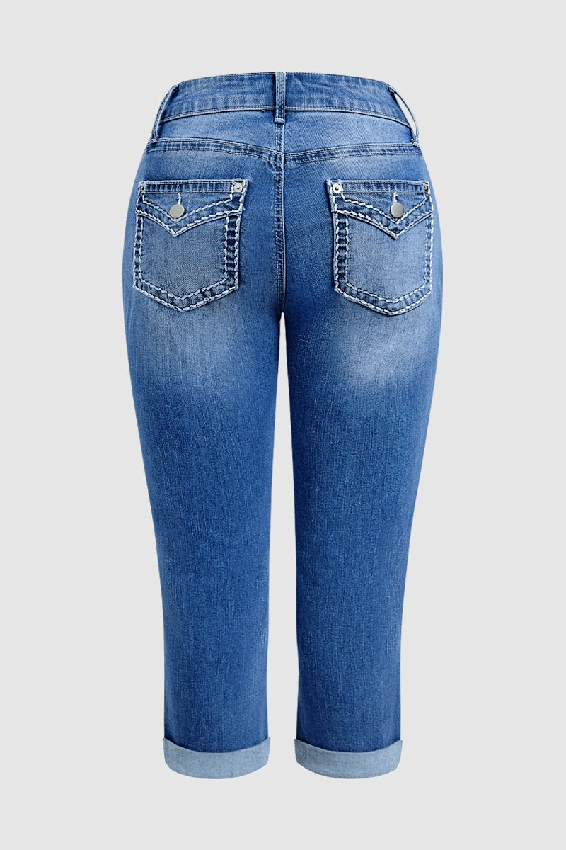 Stitch Detail Mid Waist Skinny Rolled Hem Capri Jeans