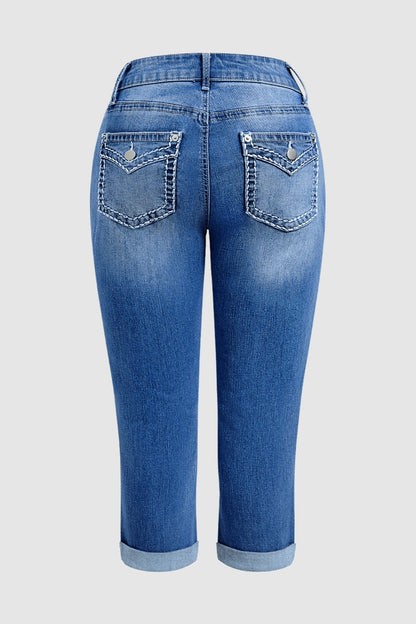 Stitch Detail Mid Waist Skinny Rolled Hem Capri Jeans