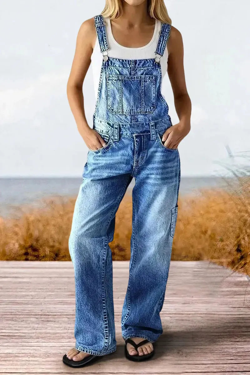 Wash Multi Pocket Mid Waist Straight Leg Overalls