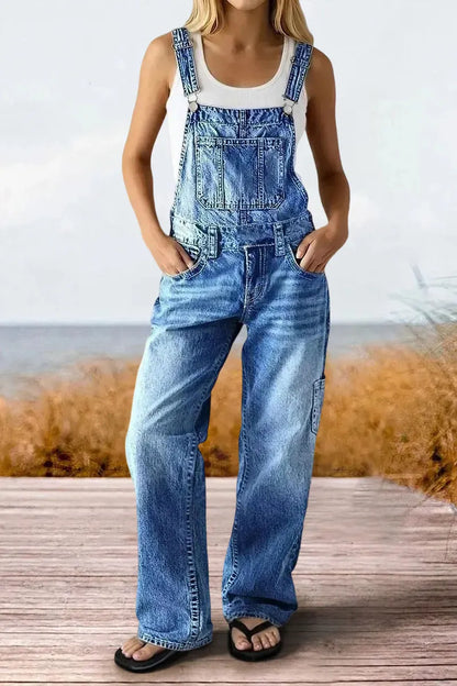 Wash Multi Pocket Mid Waist Straight Leg Overalls
