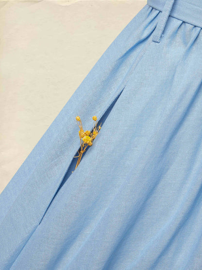 Robe longue en lin, manches courtes, col officier, unie, vintage, bleue