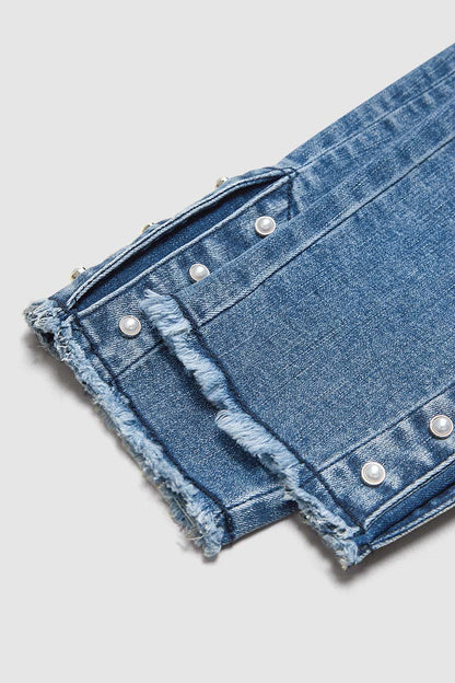 Pearl Button Side Raw Hem High Waist Skinny Jeans