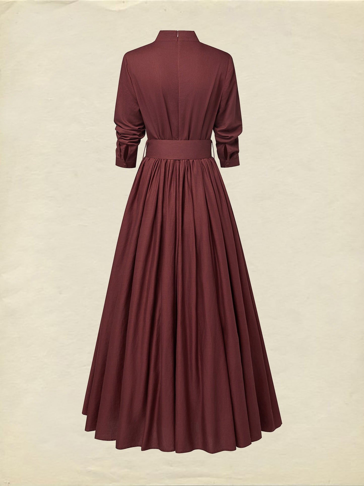 Robe longue en lin, manches longues, col montant, unie, boutonnée, vintage, rouge