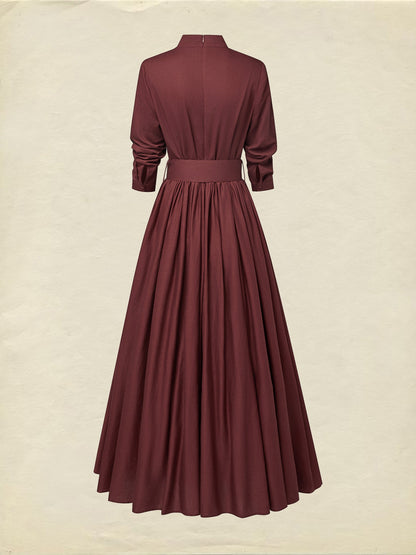 Robe longue en lin, manches longues, col montant, unie, boutonnée, vintage, rouge