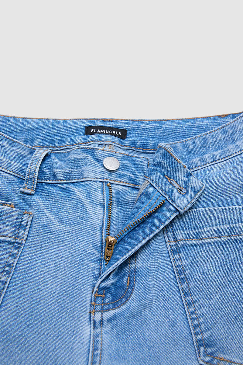 Wash Roll Hem Mid Waist Straight Leg Crop Jeans