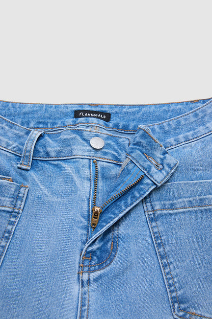 Wash Roll Hem Mid Waist Straight Leg Crop Jeans