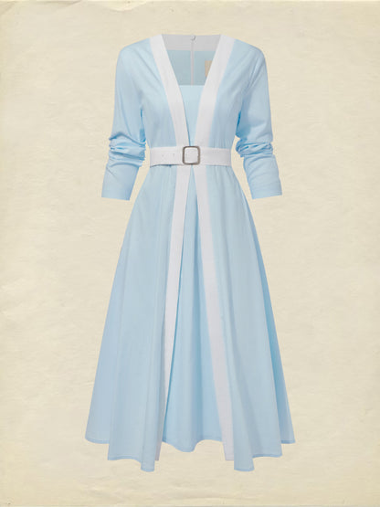 Robe midi en lin, manches longues, col en V, unie, avec ceinture, style vintage français, bleu ciel