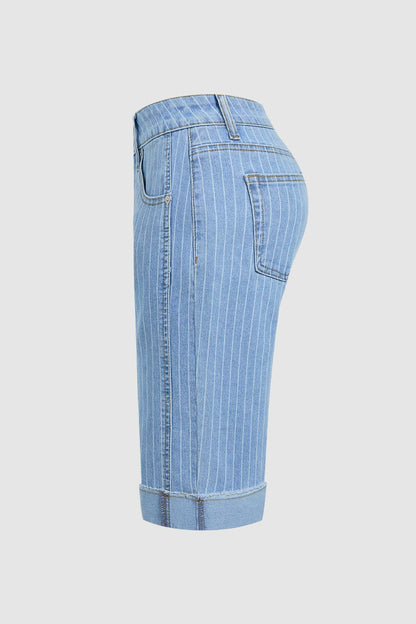 Pinstriped Raw Hem Seam Detail High Waist Denim Bermuda Shorts Without Belt