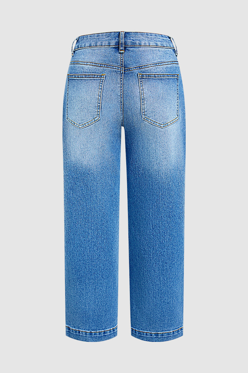 Wash Stitch Detail Mid Waist Straight Leg Cropped Jeans Without Belt