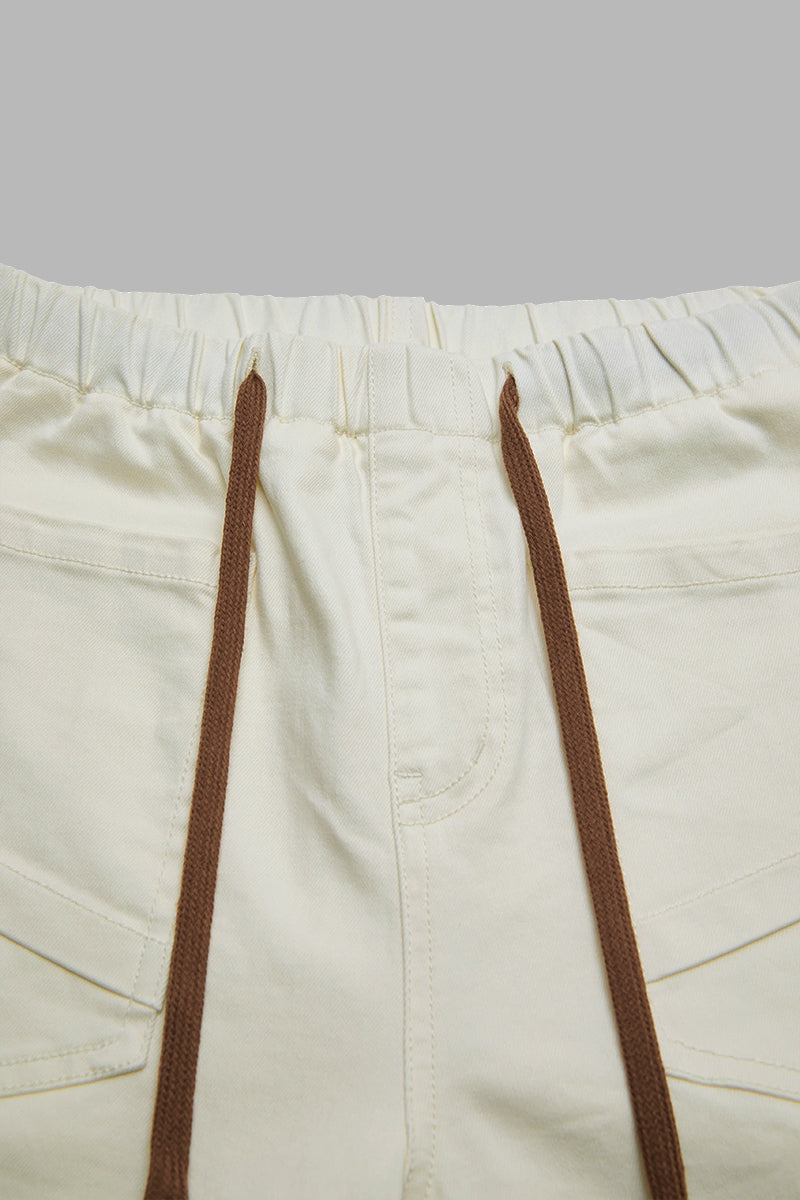 Solid Patch Pocket Drawstring Elastic Mid Waist Wide Leg Cropped Pants