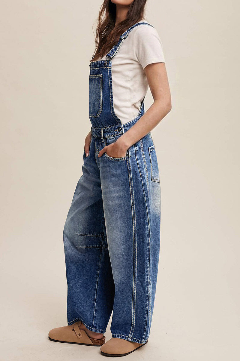 Wash Patch Pocket Stitch Detail Barrel Leg Denim Overalls