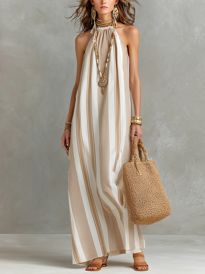 Robe longue rayée dos nu, sophistiquée et élégante