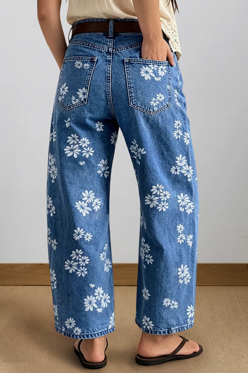 Floral Pattern Mid Waist Barrel Leg Crop Jeans Without Belt