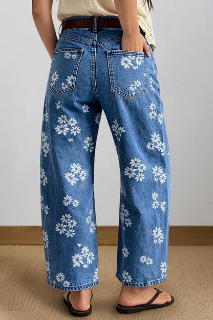 Floral Pattern Mid Waist Barrel Leg Crop Jeans Without Belt