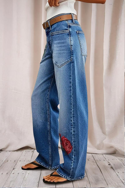 Valentine's Day Pattern Embroidered Patch Pocket Mid Rise Straight Leg Jeans Without Belt