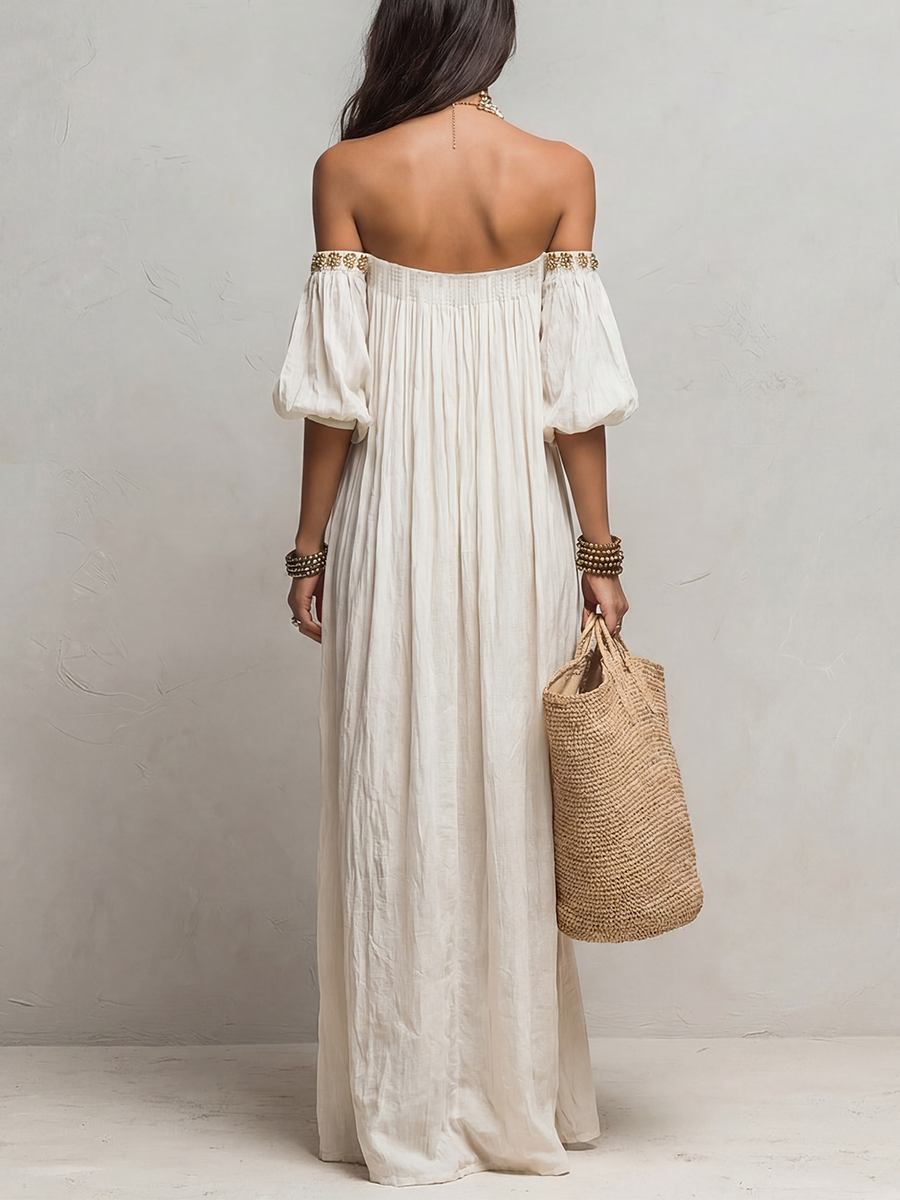 Robe longue plissée ivoire bohème à épaules dénudées