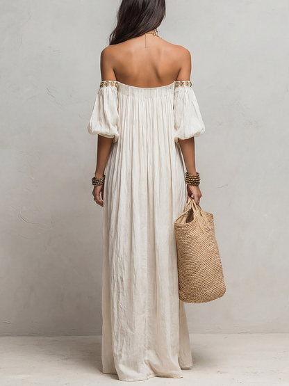 Robe longue plissée ivoire bohème à épaules dénudées
